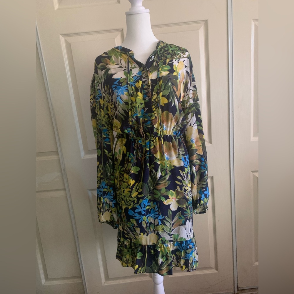 J. Crew Floral Long Sleeve Dress - Black, Green, Blue